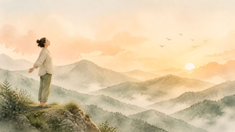 在山巒晨光中深呼吸的人，自我同理4B正念覺察